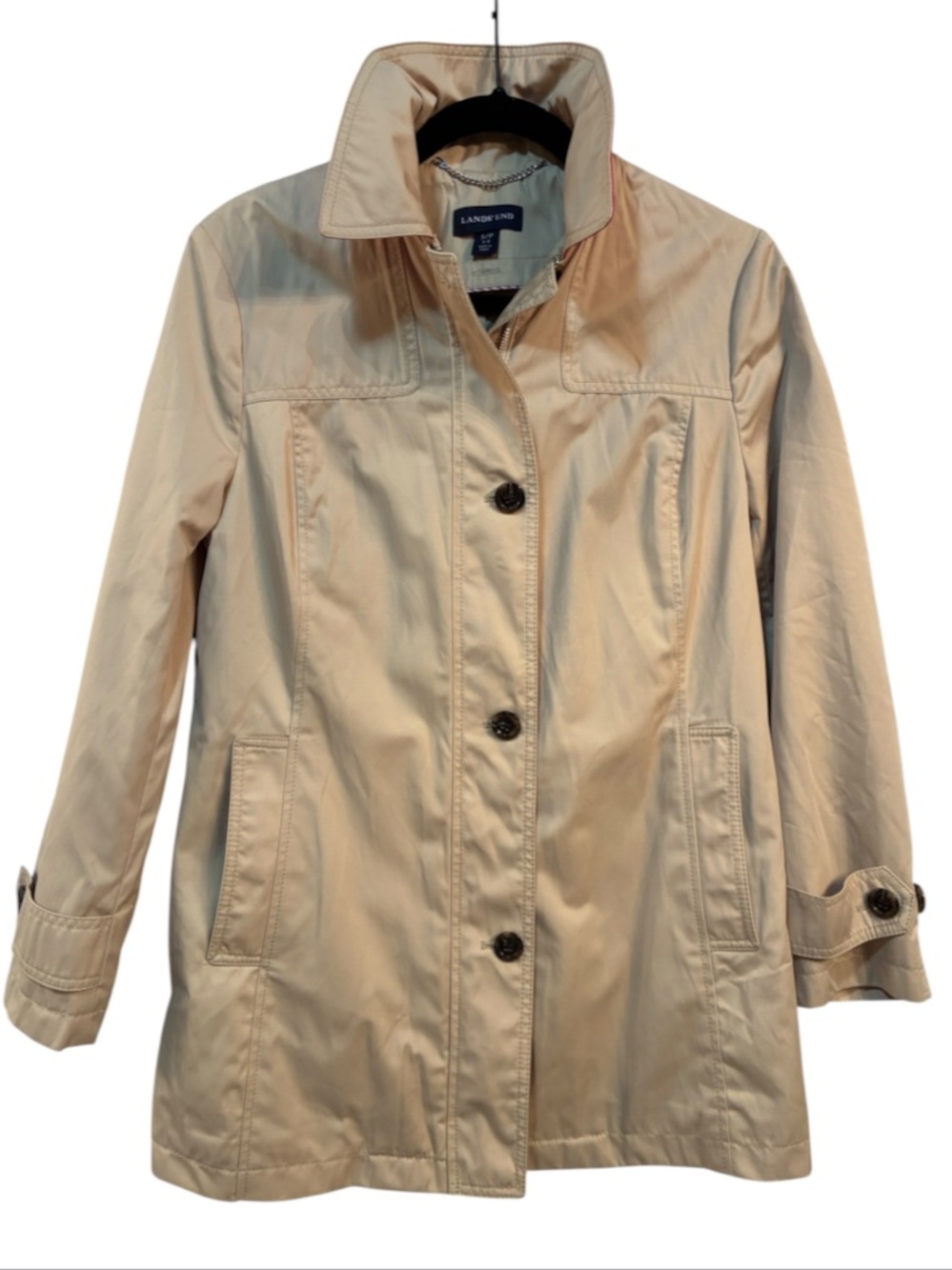 Tan and red stylish tan trench coat Lands End small shorter 3/4 length